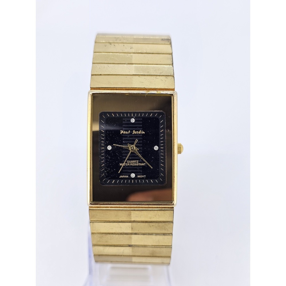 VTG Paul Jardin Women Watch 28MM Black Dial Gold Bracelet‎ Band 7.5" NEW Battery